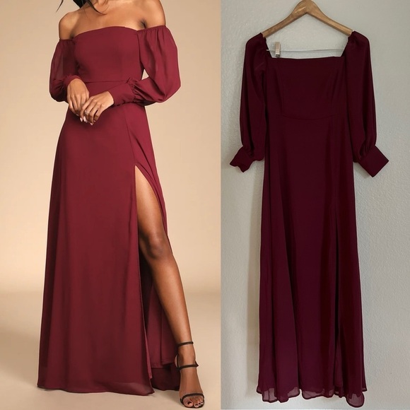 NWOT Feel the Romance Burgundy Off-the-Shoulder Maxi Dress - Picture 1 of 8